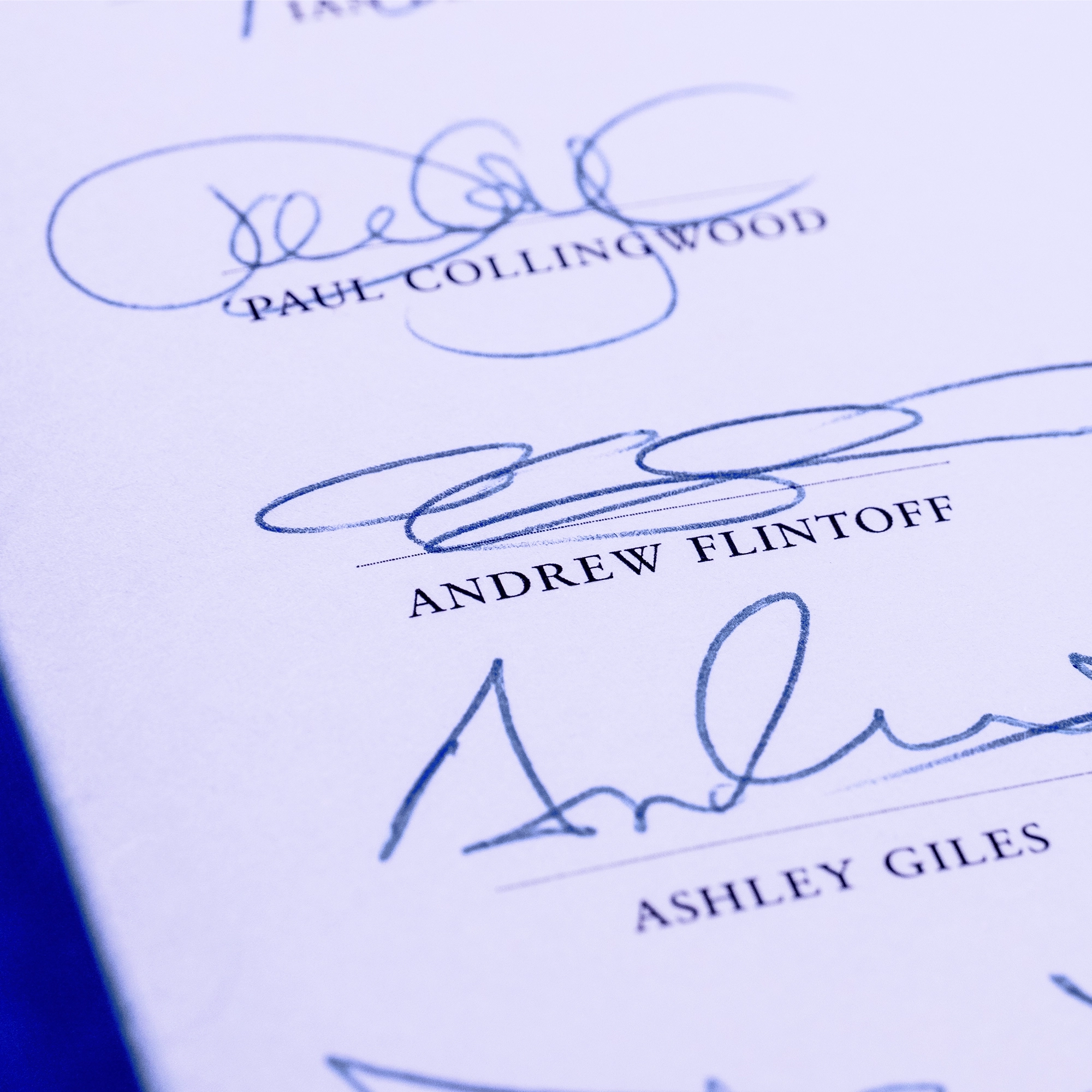 The team's signatures, including Andrew Flintoff and Ashley Giles